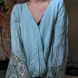 Aqua blouse with long LACE sleeves